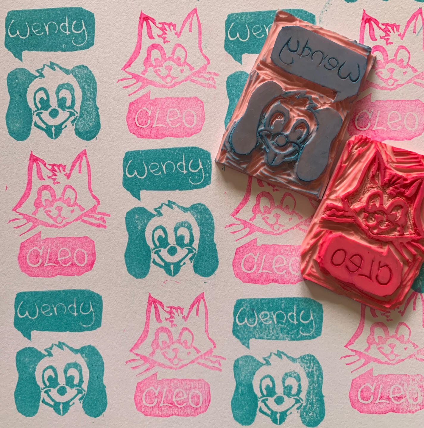 Hand cut stamps Photo of a hand cut stamps and the images they make