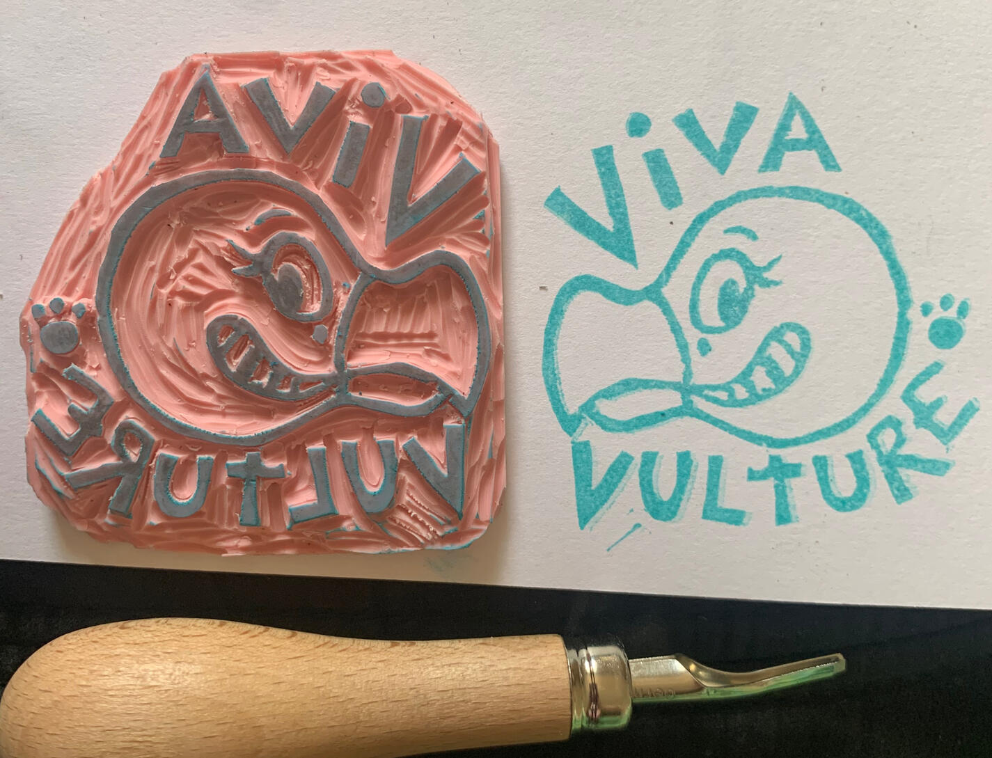 Hand cut stamp Photo of a hand cut stamp and the image it makes